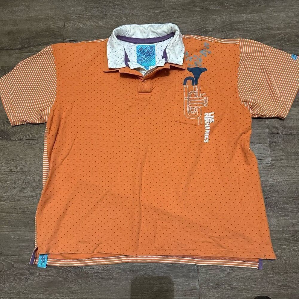 Vtg Y2K Live Mechanics Mens Sz 3X Orange Polo Embroidered Music Theme Saxophone